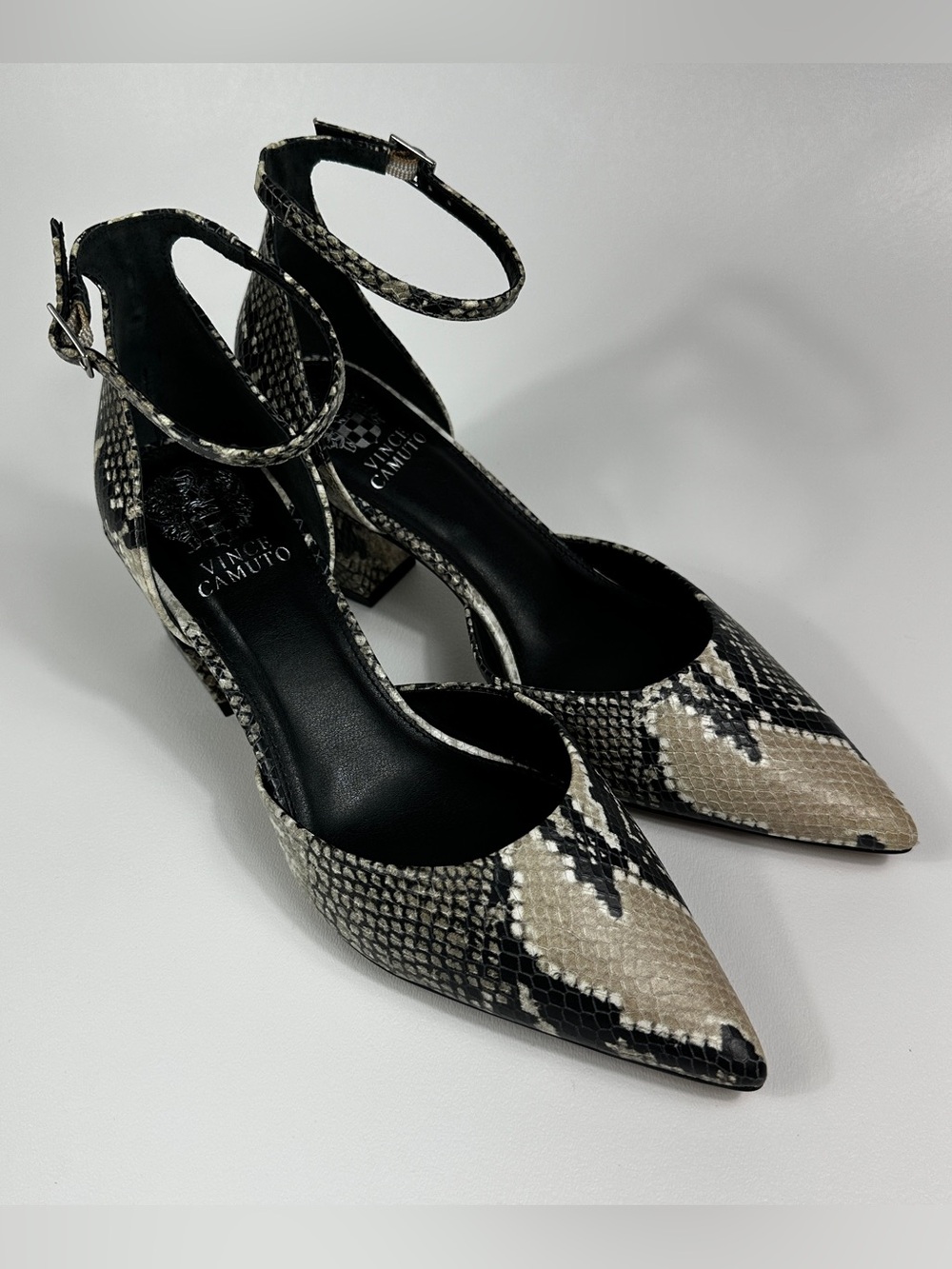 Vince Camuto Snakeskin Print Ankle Strap Block Heel Pumps Size 8.5M